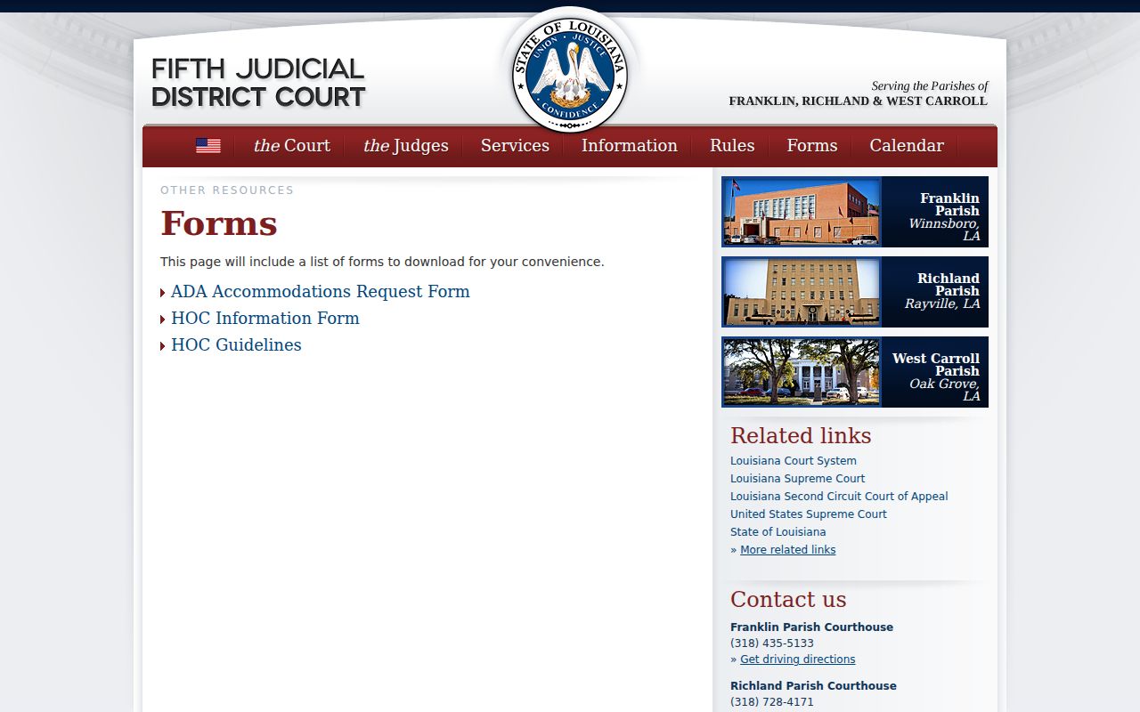 Richland Parish civil court docket forms page from Fifth Judicial District Court