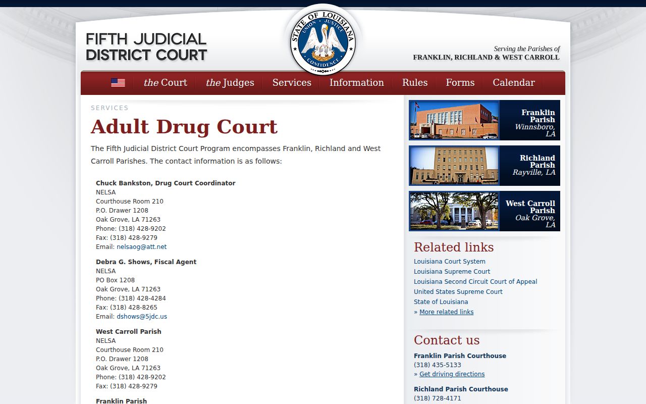Richland Parish court schedule adult drug court information from Fifth Judicial District Court