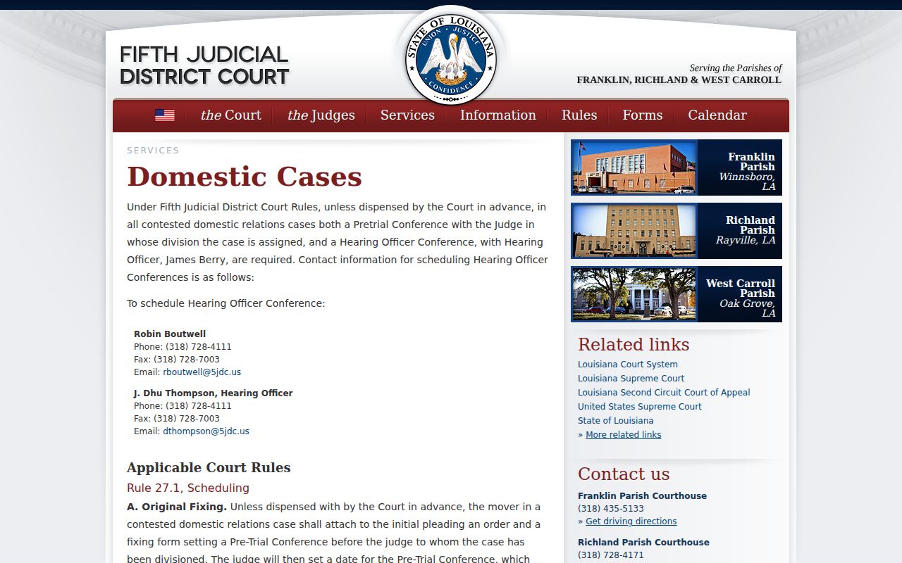 Richland Parish court schedule domestic cases information from Fifth Judicial District Court