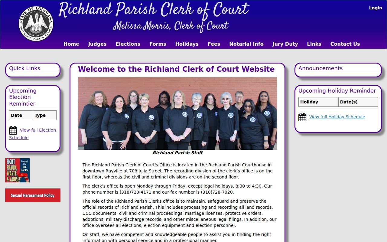Richland Parish court schedule calendar route from the Clerk of Court