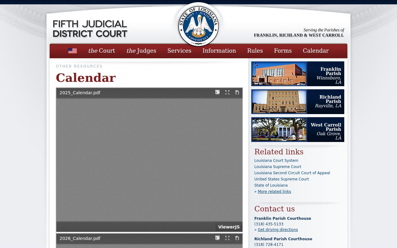 Richland Parish criminal court docket calendar information from the Fifth Judicial District Court