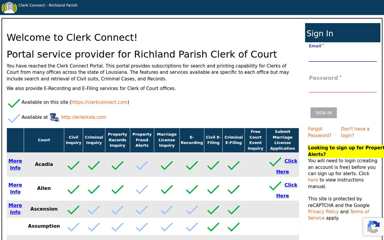 Richland Parish criminal court docket ClerkConnect inquiry page