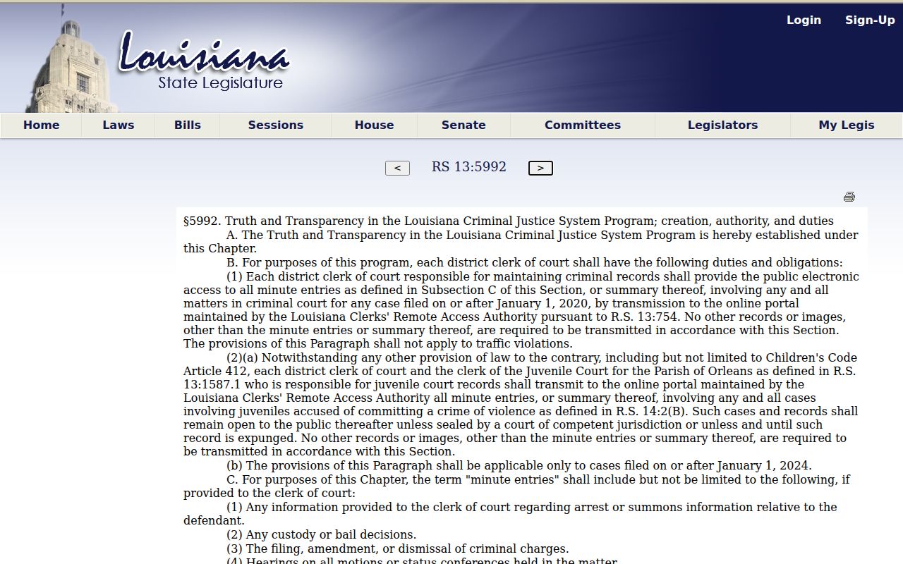 Richland Parish criminal docket minute-entry access law in Louisiana statute source