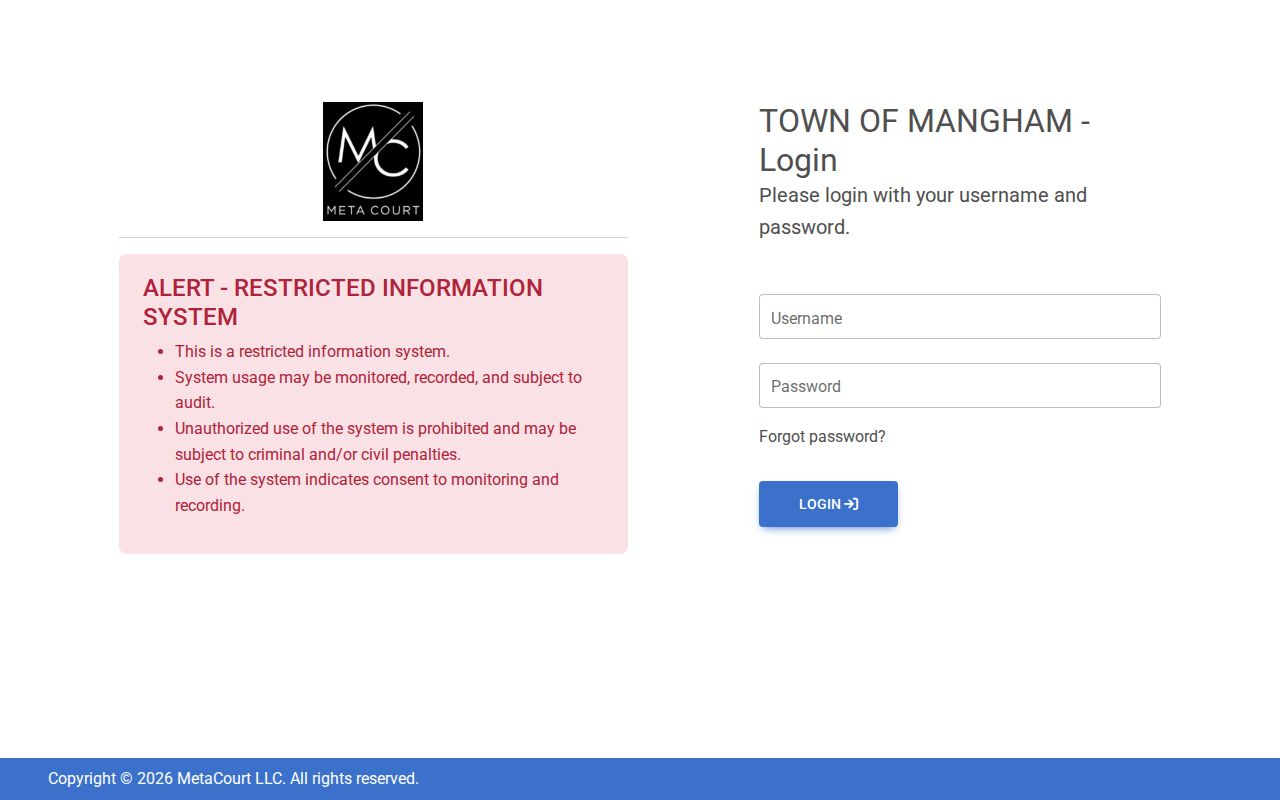 Mangham court records restricted MetaTraffic login notice